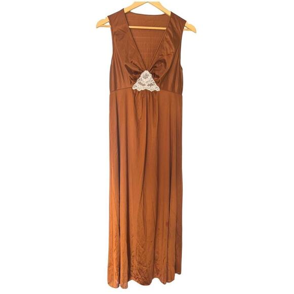 Vanity Fair Vintage Night Gown Size 36 Large Bronze Copper Lace Trim Maxi Union - Picture 1 of 8